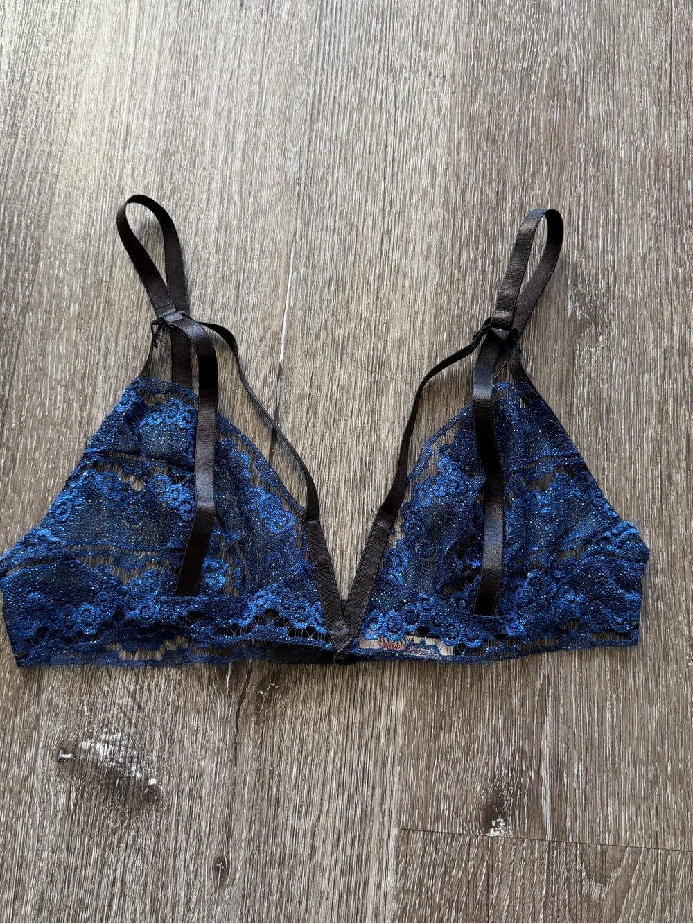 Roma Sheer Lace Triangle Bralette in Navy Blue with Black Straps